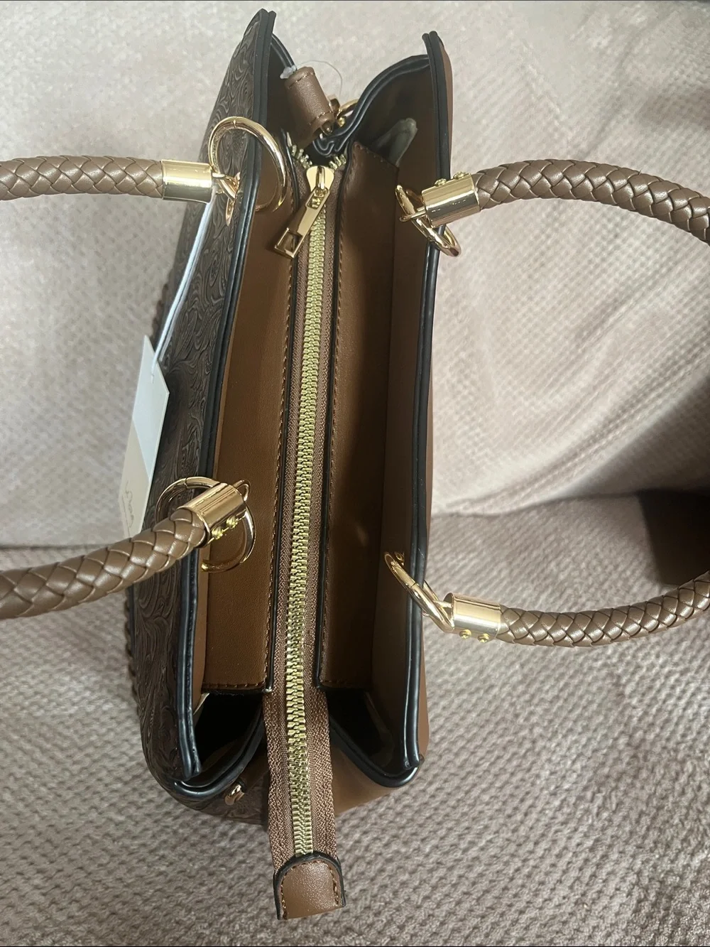 Le Bag Brown Embossed Floral Satchel